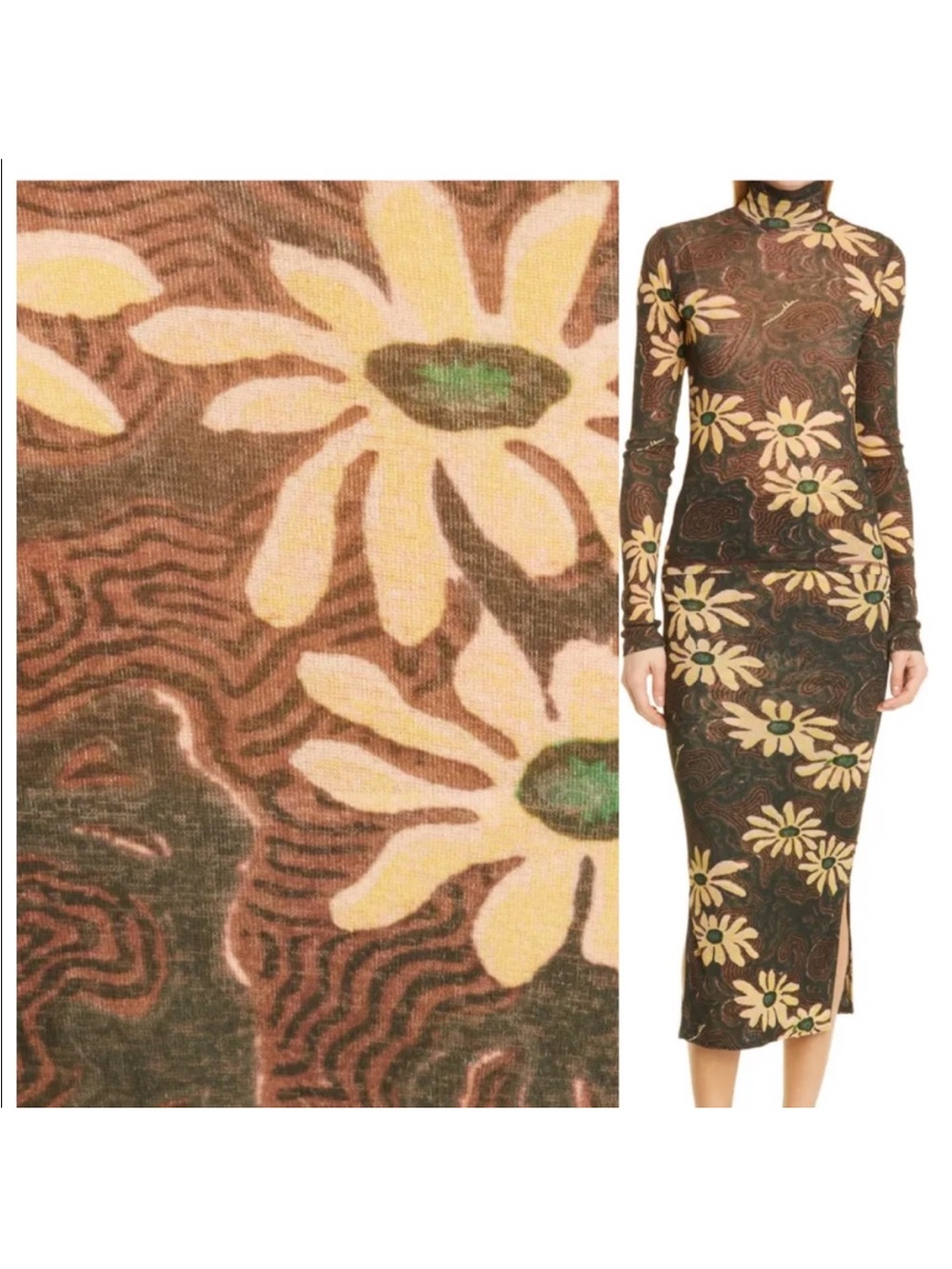 Floral Turtleneck Long Sleeve Midi Dress - Brown Floral